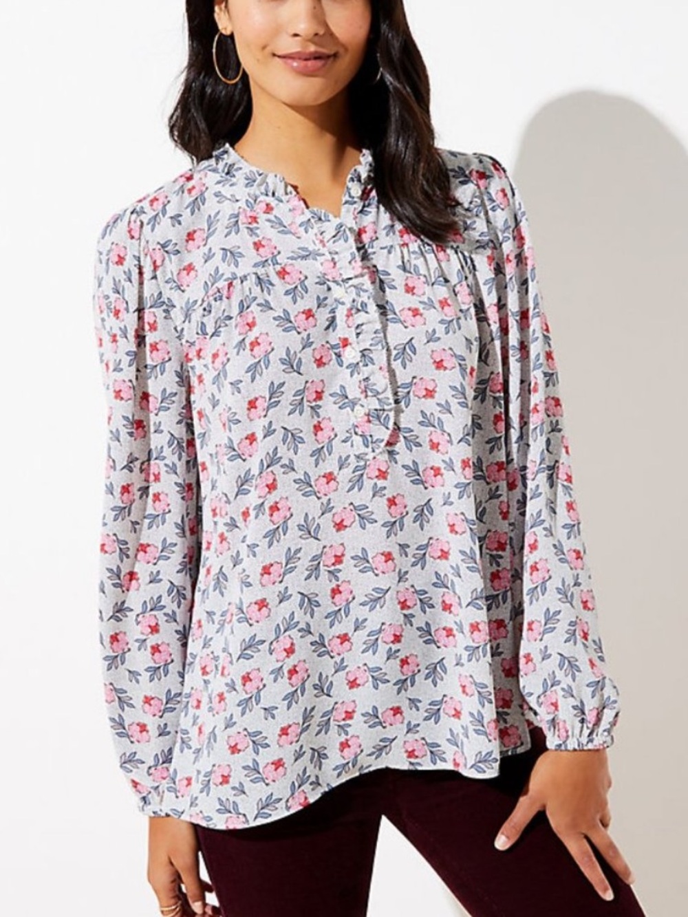 LOFT White Floral Ruffle Henley Mixed Media Blouse with Pink Flowers Sz XSP Top